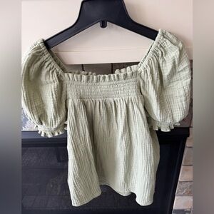 J. Crew Puff sleeve Gauze Smocked Top Light Green Sage